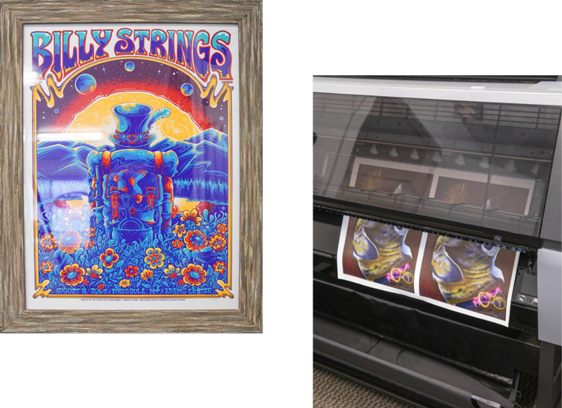 Homepage frame image showing a custom framed piece of artwork and giclee prints coming out of a large epson printer